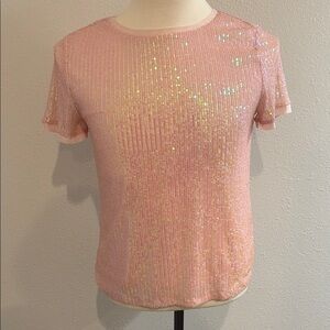 Anne Klein Pink Sequin Short Sleeve Fitted Tee